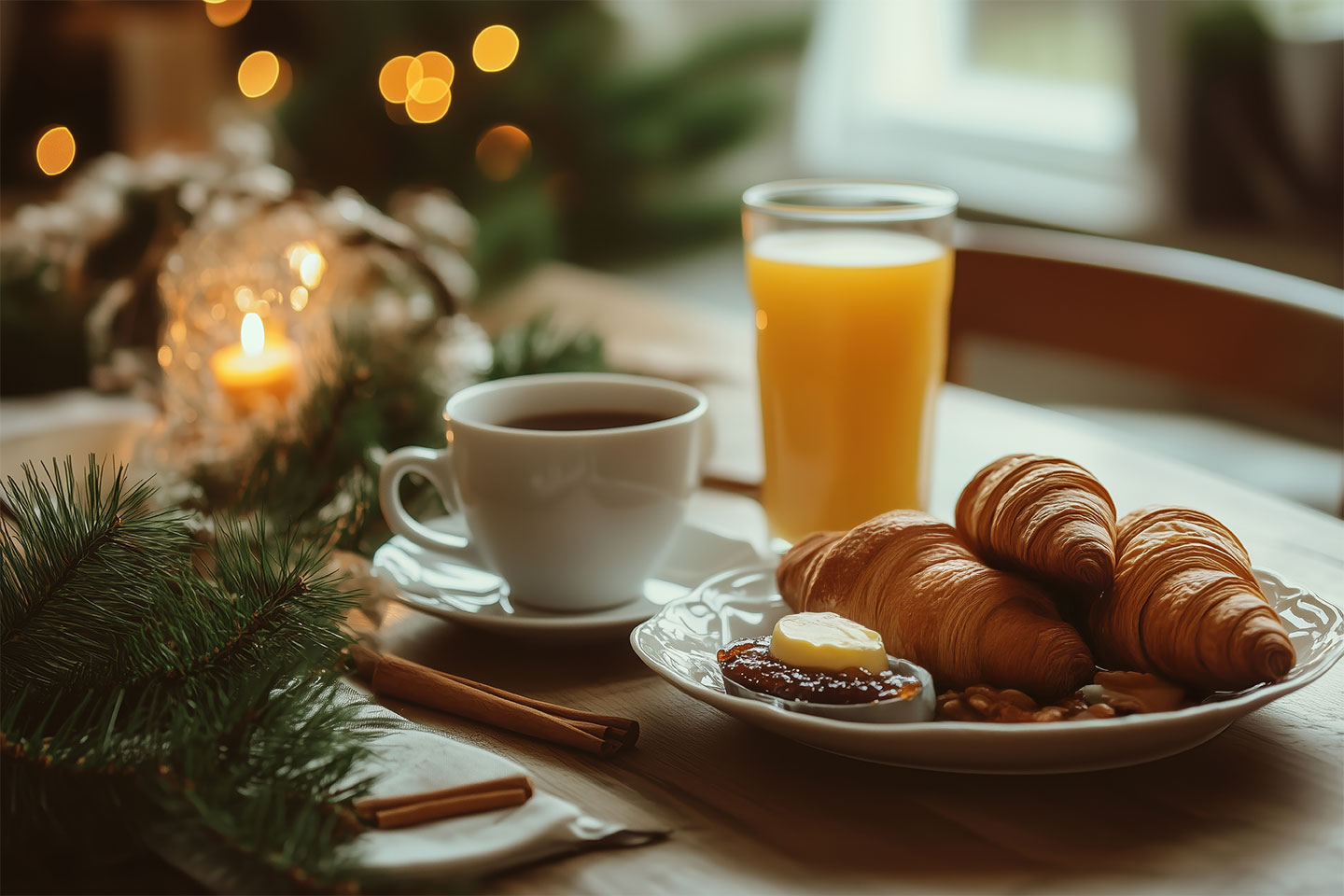 Gemütliches Frühstück mit Croissants, Kaffee und Orangensaft auf einem stimmungsvoll dekorierten Tisch bei Kerzenschein.