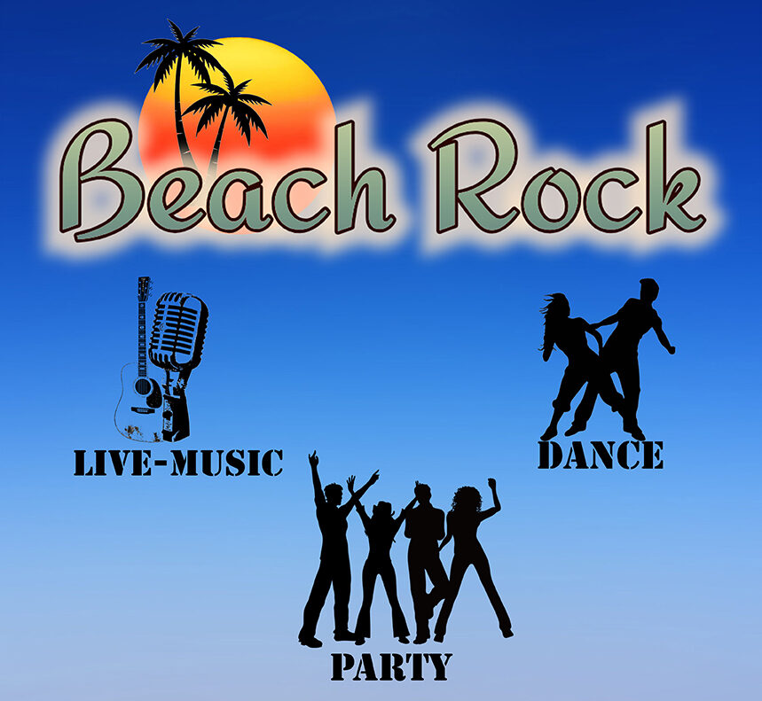 Das Beach-Rock-Plakat zeigt Silhouetten von tanzenden Menschen und Instrumenten vor einem Sonnenuntergang.