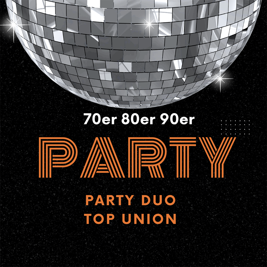 Eine glitzernde Discokugel schwebt über dem Text "70er 80er 90er PARTY", was zu einer modernen Tanzparty einlädt.