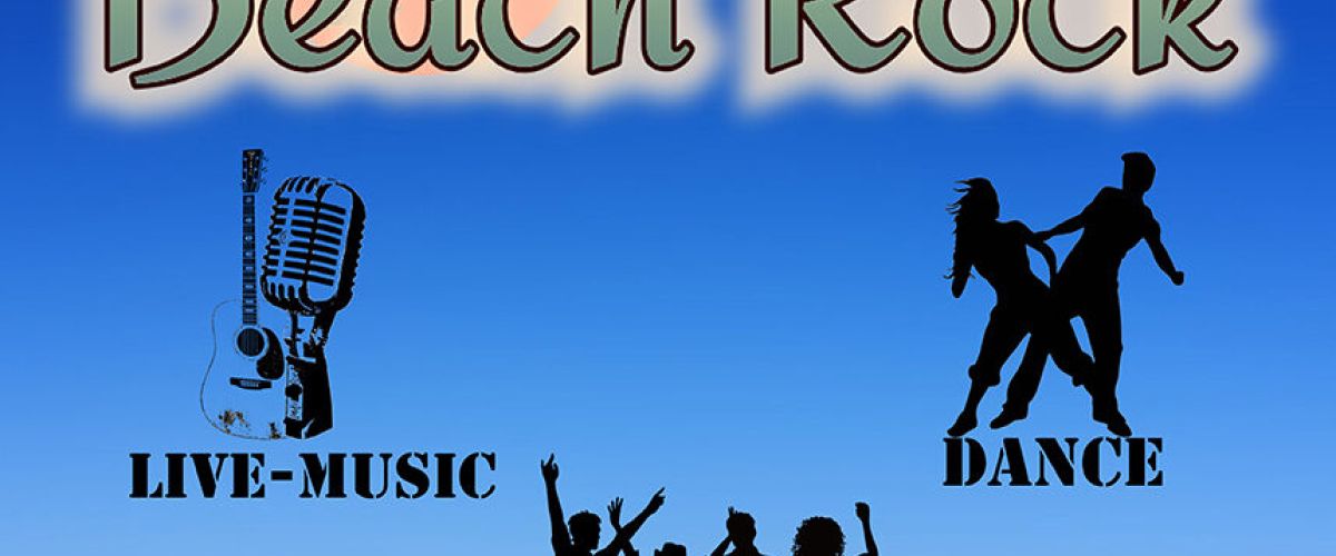 Das Beach-Rock-Plakat zeigt Silhouetten von tanzenden Menschen und Instrumenten vor einem Sonnenuntergang.